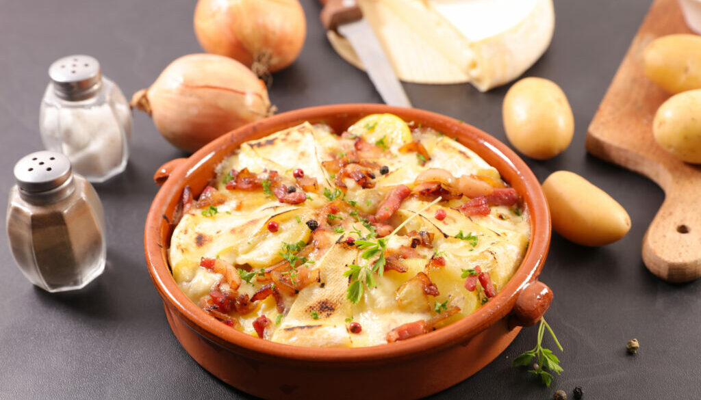 baked potato, bacon and cheese- french traditional tartiflette