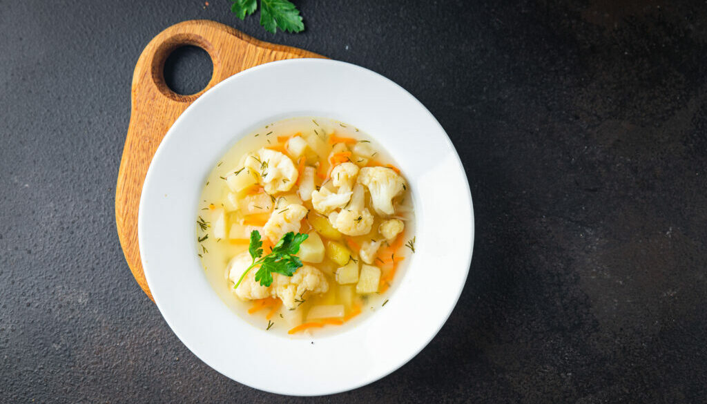 cauliflower soup vegetable broth first course healthy meal diet snack on the table copy space food background rustic