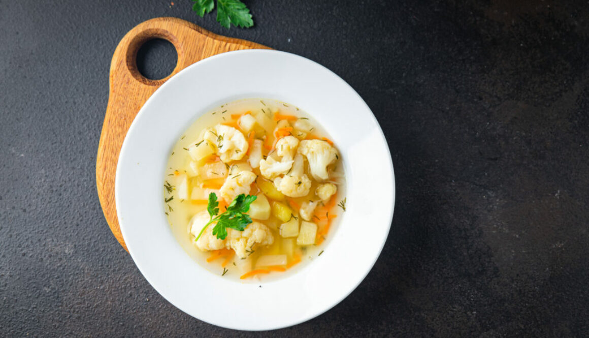 cauliflower soup vegetable broth first course healthy meal diet snack on the table copy space food background rustic