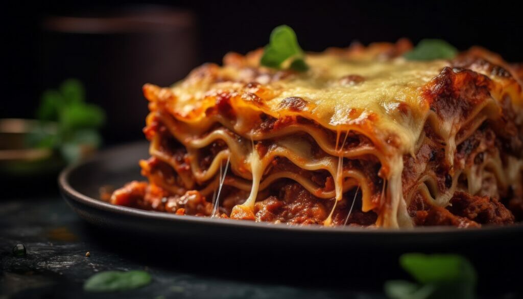 Macro detail close-up photography of a tempting lasagna on a metal tray against a velvet background. With generative AI technology