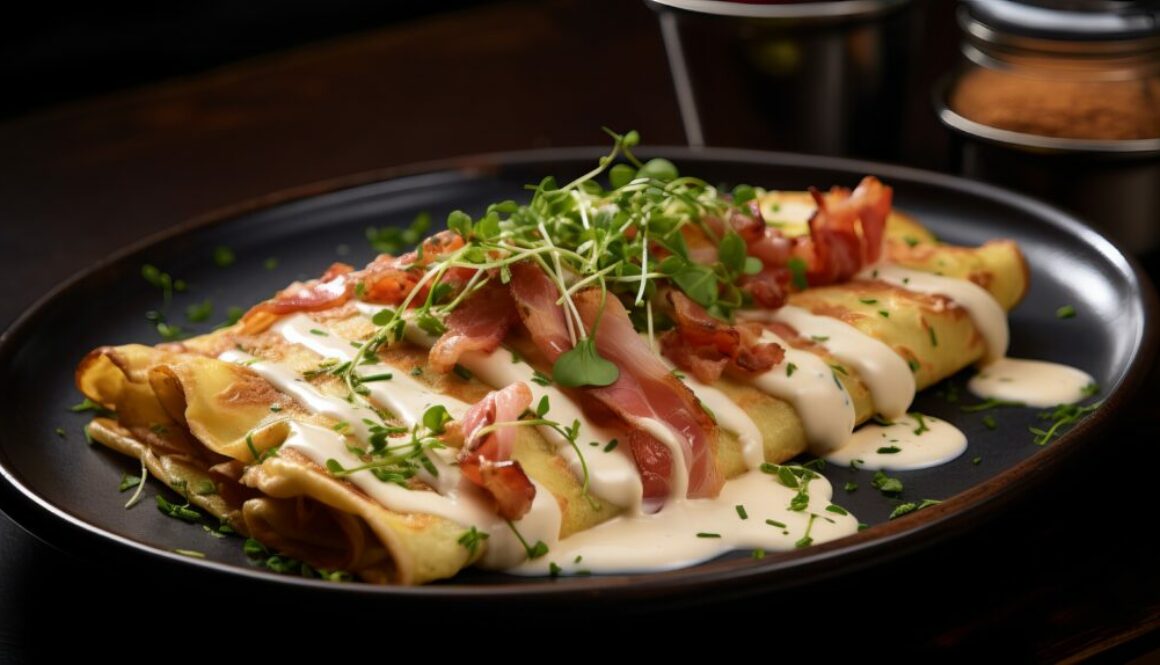 A picture of a scrumptious crepe that features serrano ham, cream cheese, and chipotle dressing.