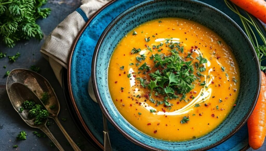 Arranged in a blue bowl and plate, a curried carrot and coconut soup is served with carrots, a spoon and napkin, Generative AI