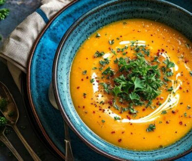 Arranged in a blue bowl and plate, a curried carrot and coconut soup is served with carrots, a spoon and napkin, Generative AI