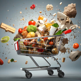 grocery cart with fruits, vegetables and other products from the supermarket flying to the sides on a dark background. food industry