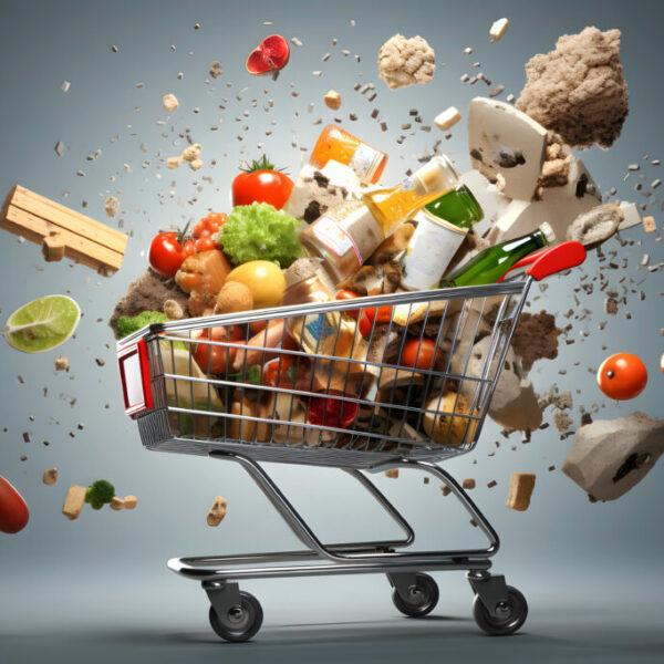 grocery cart with fruits, vegetables and other products from the supermarket flying to the sides on a dark background. food industry