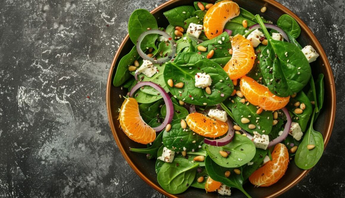 Fresh spinach salad with oranges, feta (ricotta) cheese, red onion and pine nuts