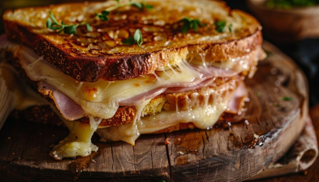 Detailed view of a Croque Monsieur sandwich on a rustic wooden cutting board