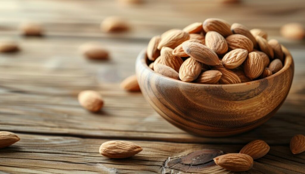 A wooden bowl filled with almonds on a rustic table.