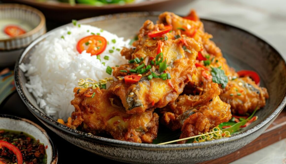 Crispy fried anchovy fritters made with wheat flour batter fresh fish and turmeric seasoning served as a side dish with white rice