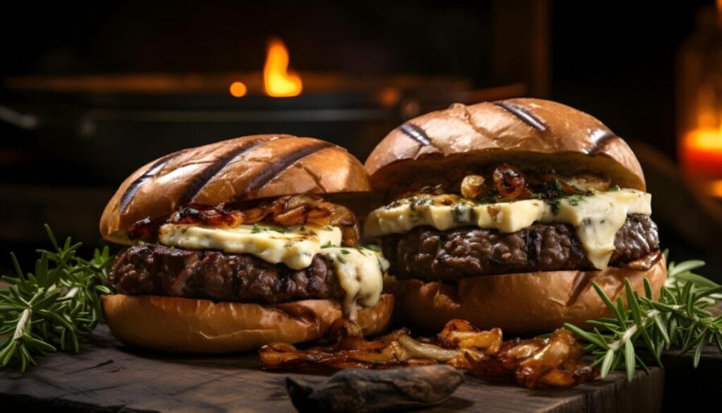 Delicious Gourmet Burgers with Fresh Grilled Beef and Melted Cheese. Concept Gourmet Burgers, Grilled Beef, Melted Cheese, Fresh Ingredients, Burger Recipes