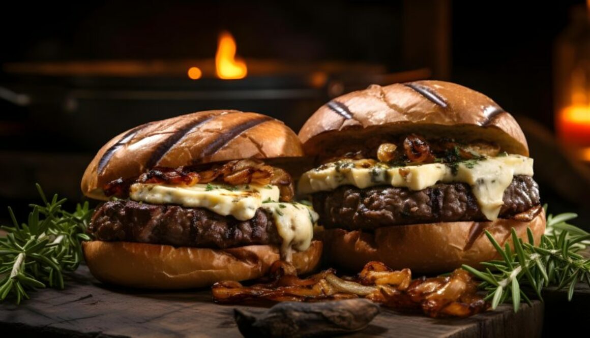 Delicious Gourmet Burgers with Fresh Grilled Beef and Melted Cheese. Concept Gourmet Burgers, Grilled Beef, Melted Cheese, Fresh Ingredients, Burger Recipes