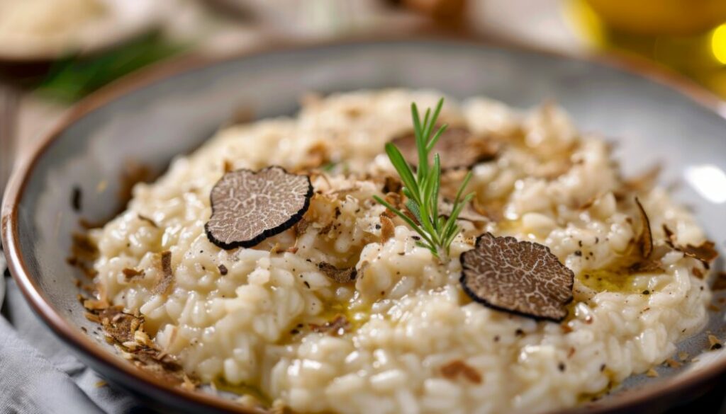 Plate of creamy risotto with truffle shavings