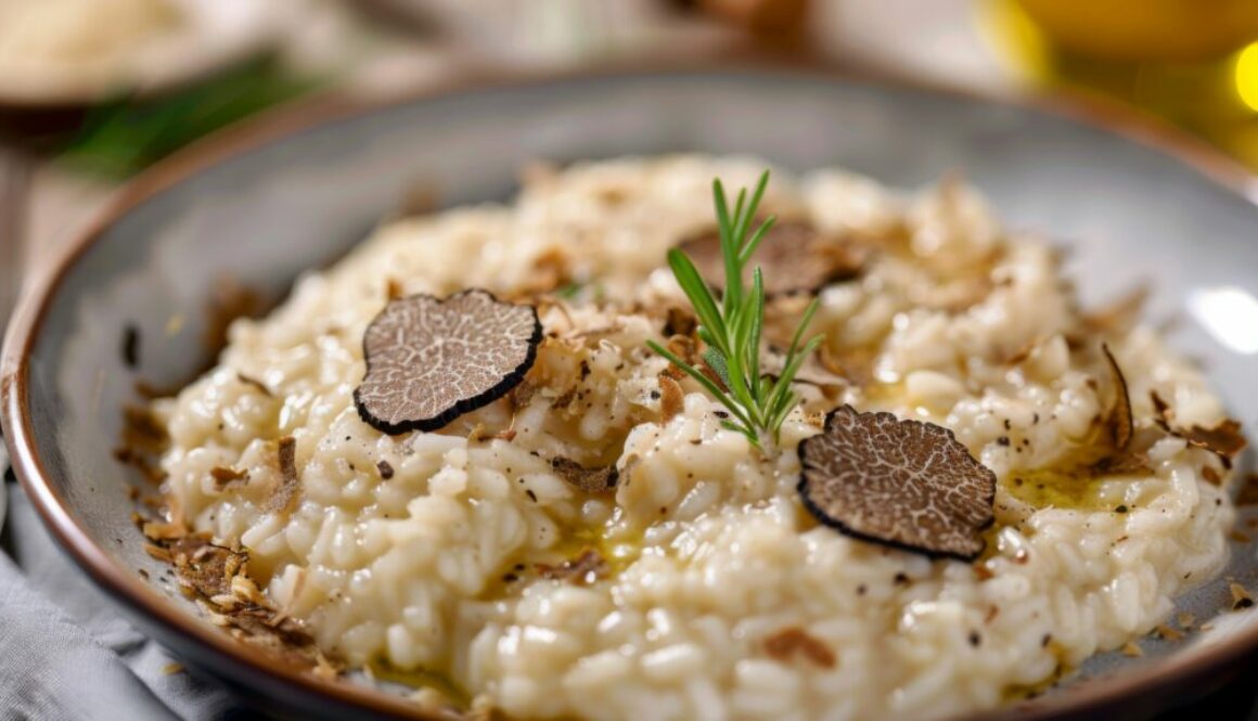 Plate of creamy risotto with truffle shavings