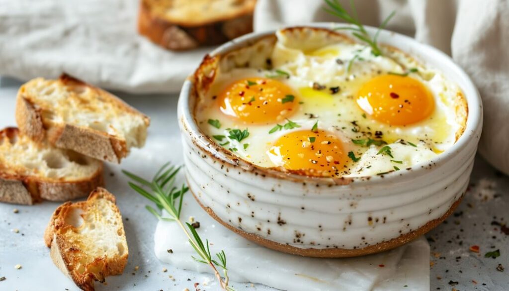 Baked eggs Eggs en cocotte in portion ceramic bowl and toasted bread for dipping over light stone background Top view flat lay : Generative AI