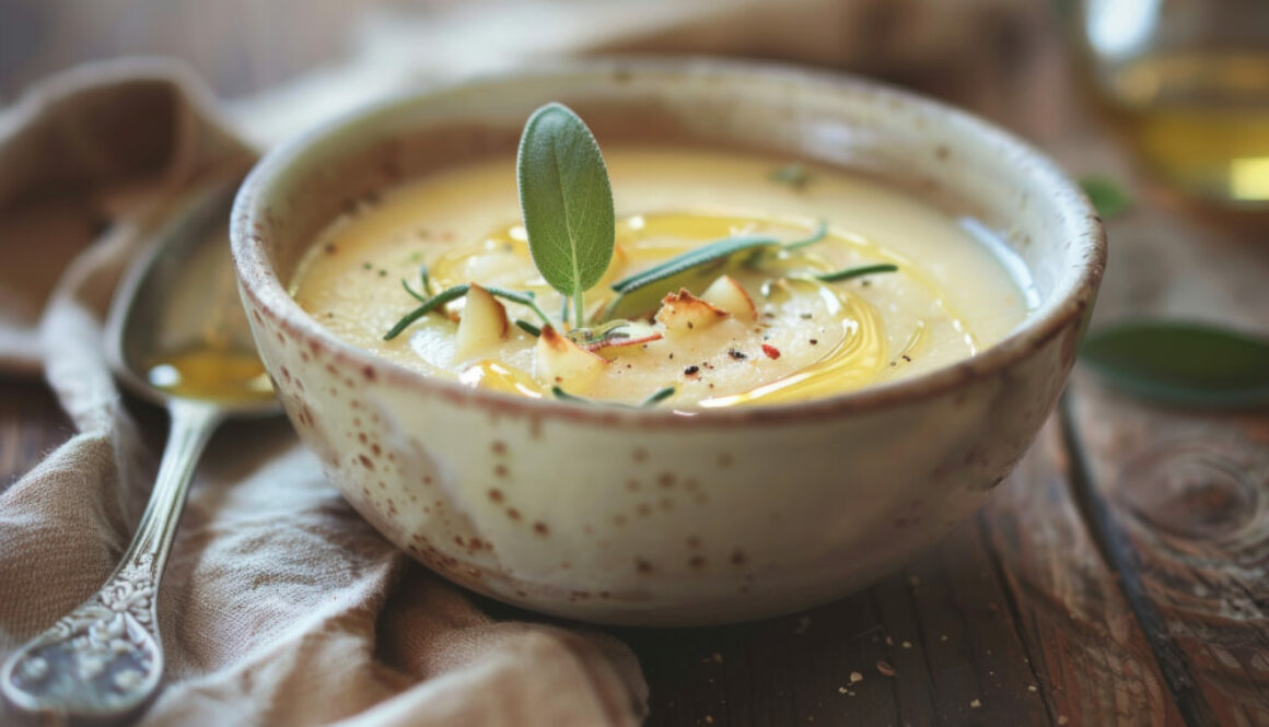 A rustic bowl of parsnip and apple puree soup, topped with crispy sage leaves and a drizzle of honey, set on a wooden table.