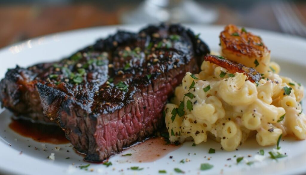 Plated steak with a side of truffle mac and cheese