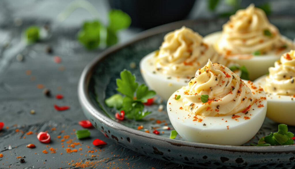 Delicious deviled eggs on a patterned plate garnished with herbs and spices. Concepts of gourmet appetizers, culinary presentation, International Deviled Egg Day, and entertaining.