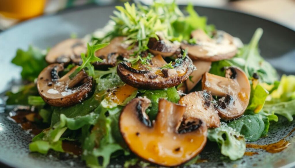 A gourmet salad with truffle mushrooms, mixed greens, and a light vinaigrette.