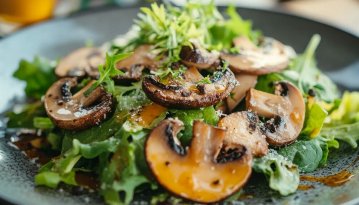 A gourmet salad with truffle mushrooms, mixed greens, and a light vinaigrette.