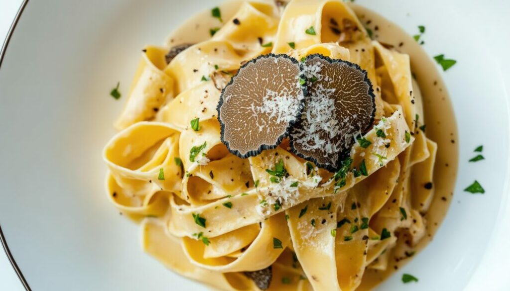 Pasta with black truffles and parsley.